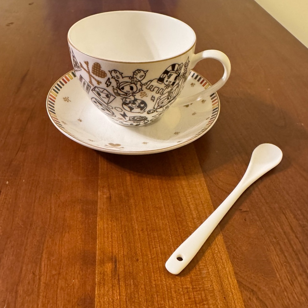 Tokidoki Teacup, Rainbow Pattern Saucer, and Spoon - EUC Fine Bone China